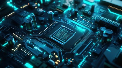 Futuristic 3D PCB design in shades of blue and green,