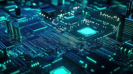 Futuristic 3D PCB design in shades of blue and green,