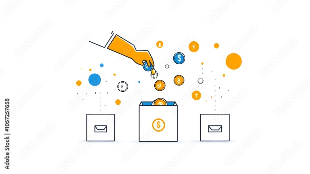 Poster stylized graphic of a minimalist two color donation or charity symbol featuring a hand dropping coin