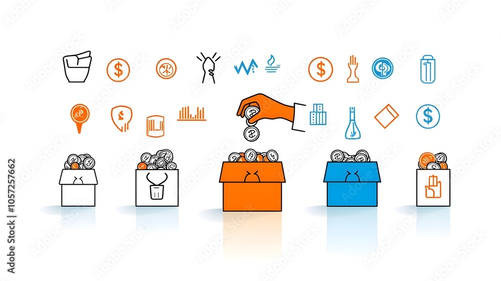 Poster Minimalist and modern two color donation symbol featuring a hand gesture dropping coins into a box  Designed with clean geometric shapes and a flat