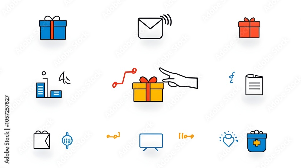 Poster Dual color donation icons featuring a hand passing a gift box representing the concepts of charity giving and generosity  The design uses bold clear outlines to create a simple