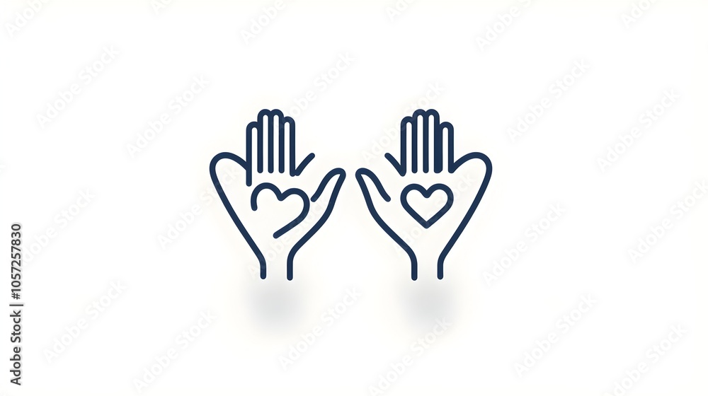 Poster minimalist and clean charity icon set in two contrasting color tones featuring open hands with a hea