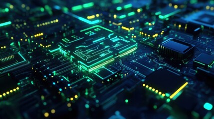 High-resolution 3D electronic PCB background, blue and green