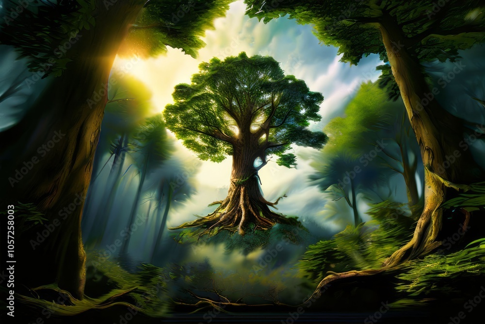 Poster tall tree a majestic tree with a sturdy trunk branches and a lea
