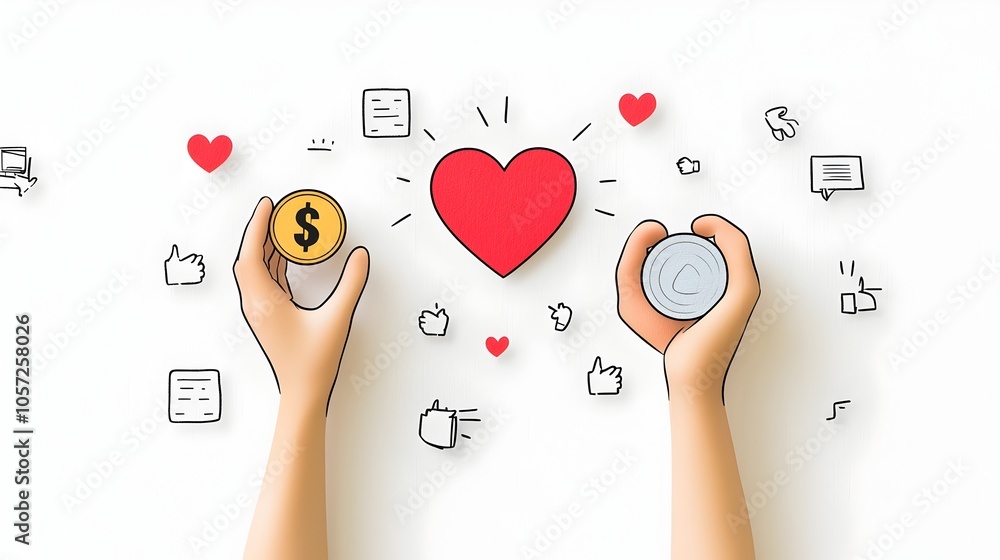 Poster minimalist two color icon design featuring hands lifting up a heart and a coin symbolizing the conce