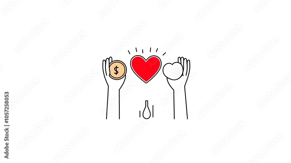 Aufkleber minimalist of symbolic icons depicting hands raising up a heart and a coin representing the concepts
