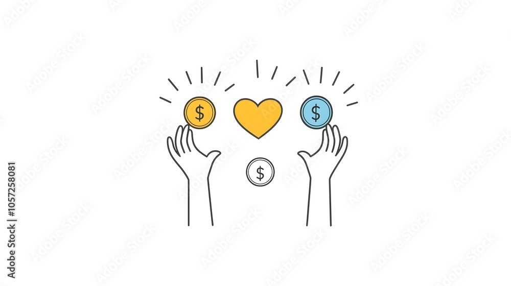 Poster minimalist two color icons depicting hands raising up a heart and a coin symbolizing the concepts of