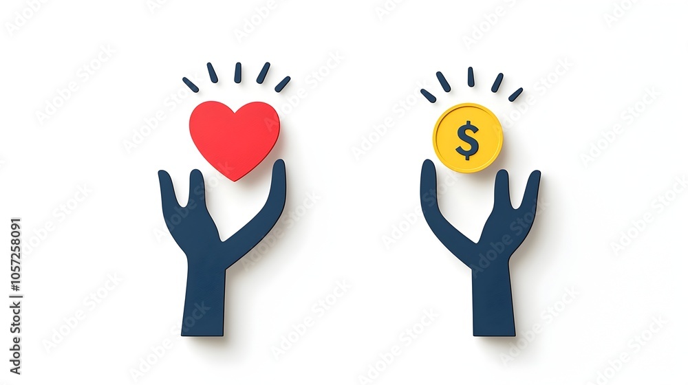 Aufkleber Minimalist two color icons depicting hands lifting up a heart and a coin symbolizing the concepts of charity donation and financial support for a cause or community