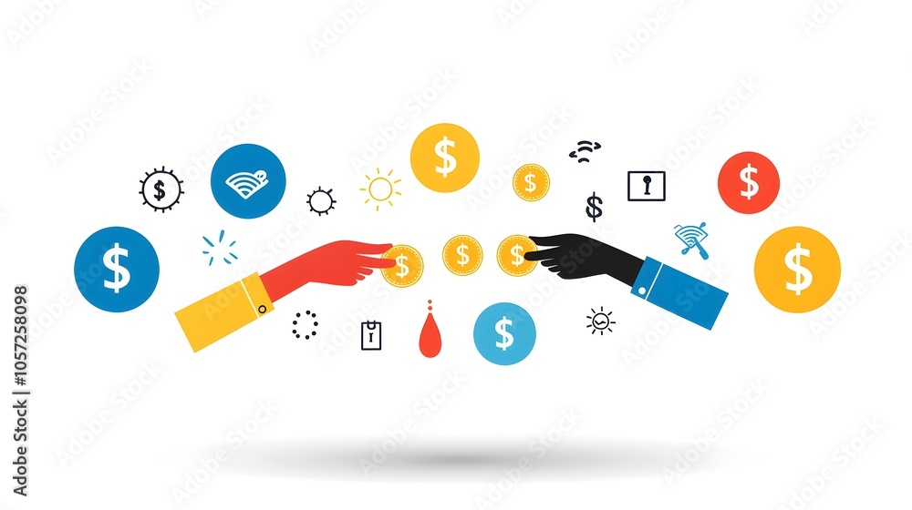 Poster stylized hands exchanging coins representing the act of financial donations and support for various 