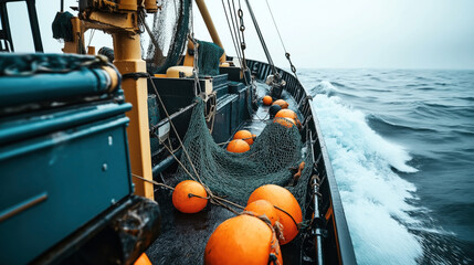 Fishing boat deck with orange buoys and nets on rough sea, depicting maritime activity and commercial fishing