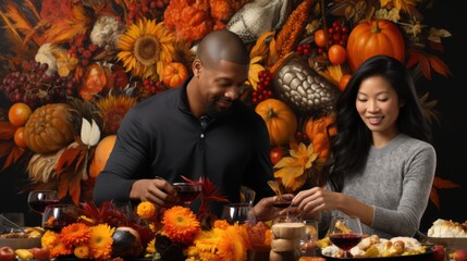Couple Preparing Thanksgiving Feast with Autumnal Decorations and Festive Atmosphere