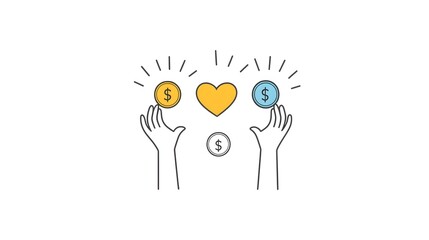 Minimalist two color icons depicting hands raising up a heart and a coin symbolizing the concepts of charity donation and philanthropic giving