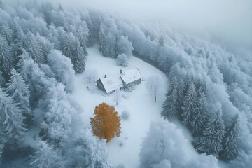 Extensive winter landscape in the morning mist, gentle wafts of mist, mystical atmosphere