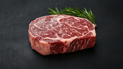 Raw Marbled Ribeye Steak with Fresh Rosemary on Black Surface