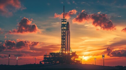 Obraz premium Panoramic sunset with a space rocket on the launch pad, sky ablaze with the setting sun,