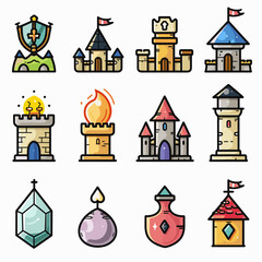 Castle icons set, color outline symbols collection, vector illustration.