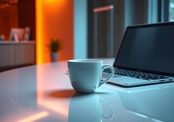 White coffee cup with laptop computer on office table for business concept, in clean office,