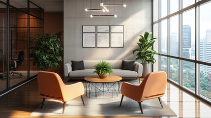 Modern office space with a large window and a potted plant