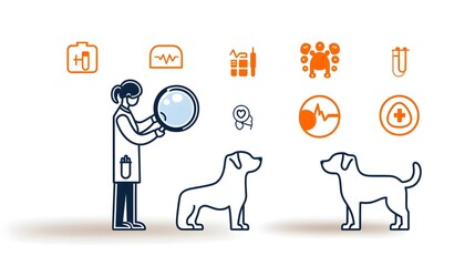 Sleek minimalist icon design depicting a veterinary professional examining a dog with a magnifying glass symbolizing pet checkups and healthcare services