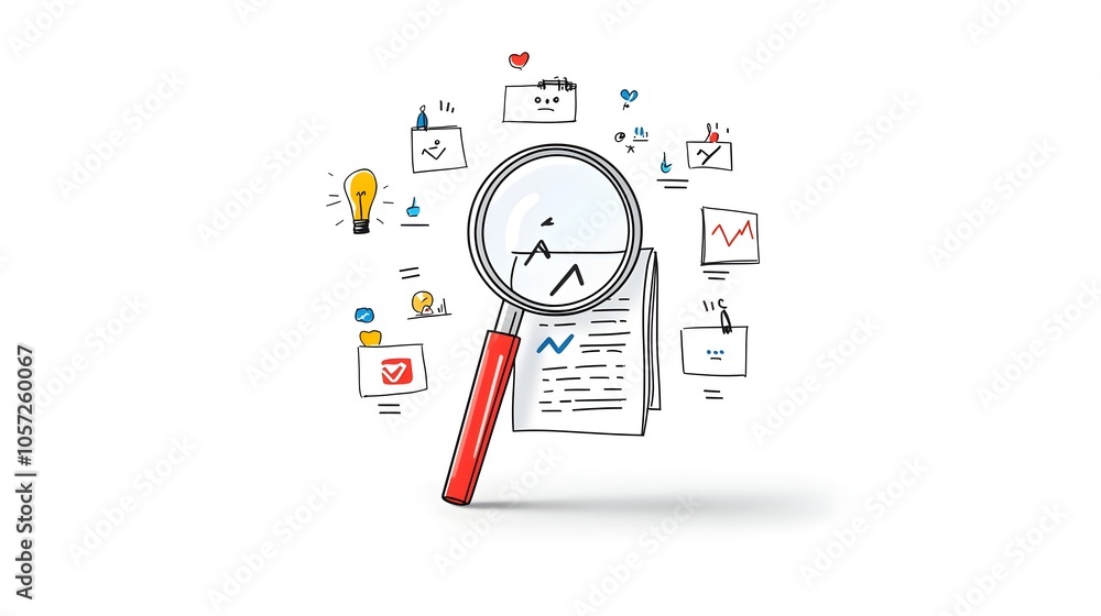 Poster minimalist line icon depicting a magnifying glass carefully examining a document symbolizing the pro