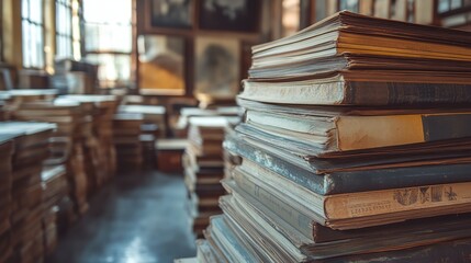A stack of books is piled on top of each other in a room