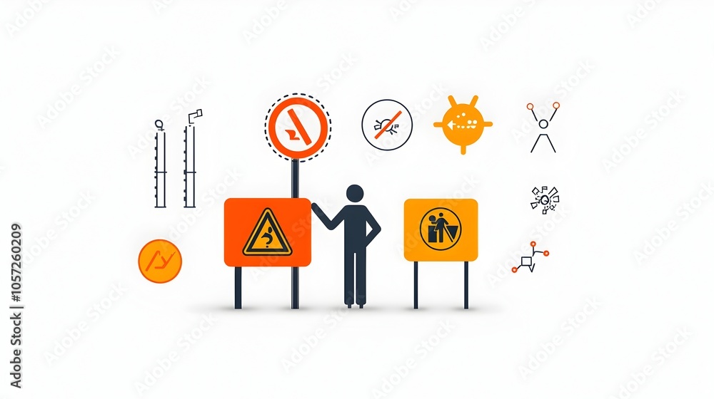 Poster Pixel perfect 64x64 icon depicting a person standing next to warning signs representing the concept of risk identification and customizable editable stroke for versatile design applications