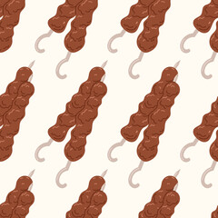 Traditional Turkish national dish, meat lula kebab. Beef or lamb on a skewer, grilled on coals. Vector seamless pattern, flat food illustration.
