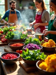 Obraz premium Vibrant group cooking experience with fresh vegetables and herbs