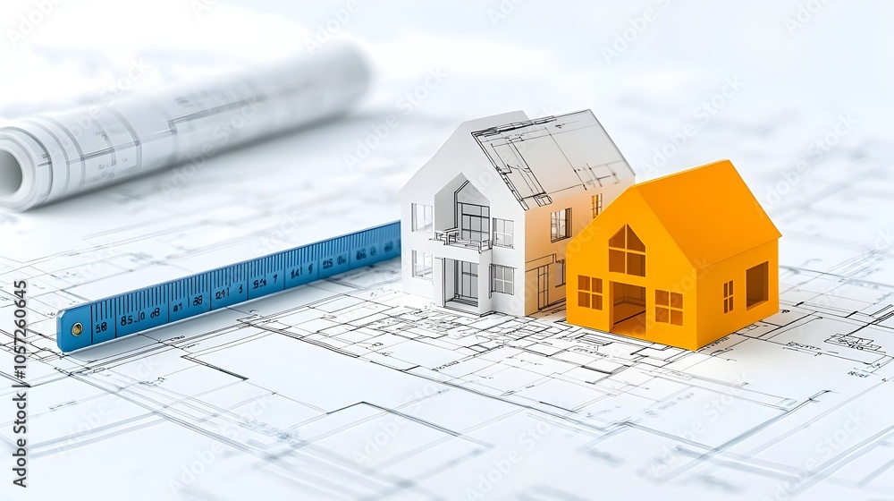 Poster Contrasting color icons depicting a house blueprint and a ruler representing the planning and construction process in the real estate industry  The clean geometric forms create a minimalist