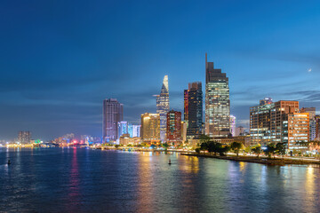 Obraz premium Ho Chi Minh City skyline, Vietnam. Night view of skyscrapers