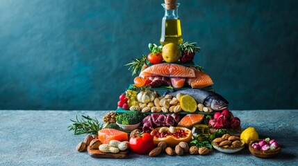 Colorful food pyramid with Mediterranean diet foods like olive oil, nuts, fish, and veggies