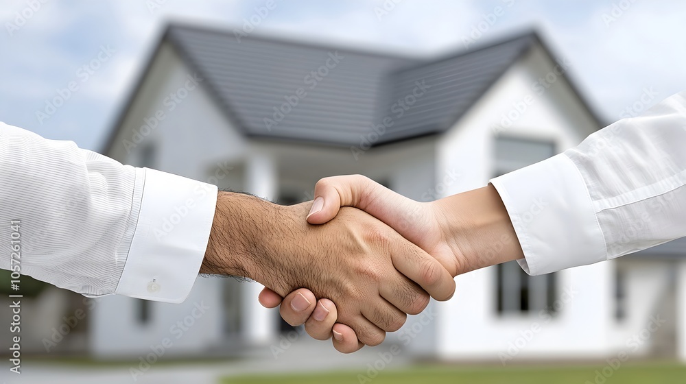 Poster sleek of a handshake in front of a house representing successful property transactions and agreement