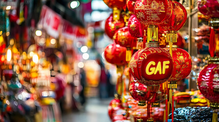 Obraz premium Festive Chinese Lanterns: 'HAPPY' Sign Illuminating the Market