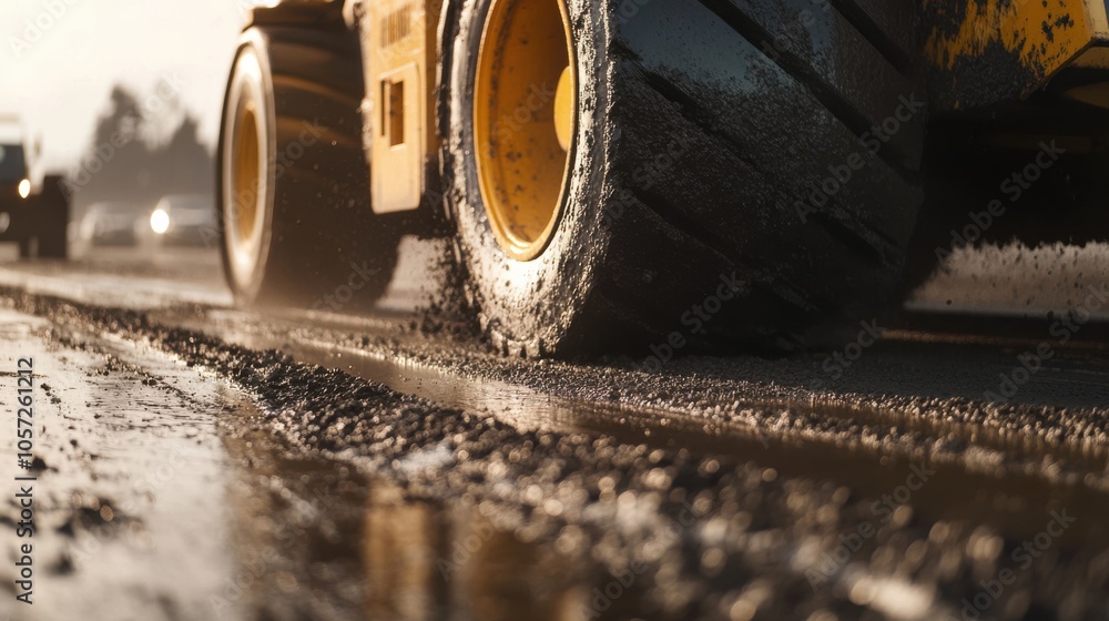 Poster a close-up of a road grader leveling the base layer of a new expressway before asphalt is laid.