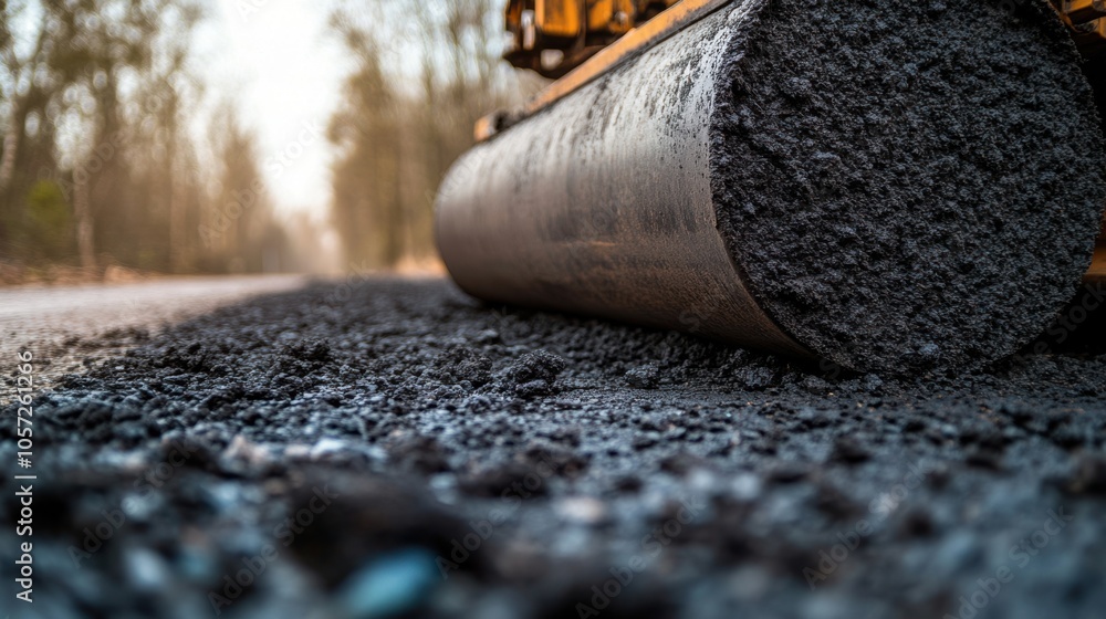 Poster a close-up of a vibratory roller compacting the subbase layer of a new road.