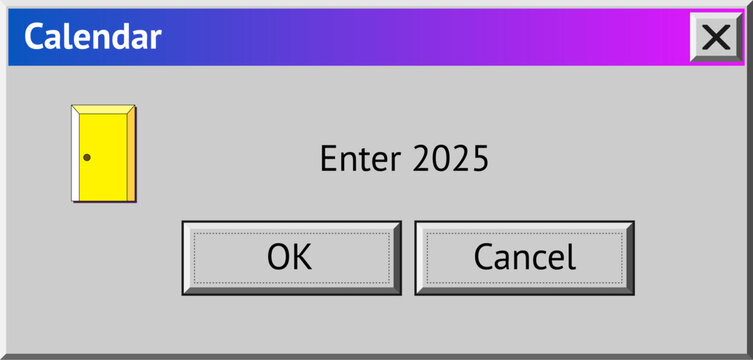 2025 New Year themed dialogue box with door to enter 2025. Abstract vaporwave, y2k aesthetics window with 90s style system message