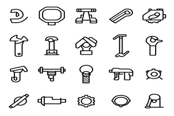 Industrial and Construction Equipment Line Art Icon Set Featuring Bolts, Pipes, and Clamps.