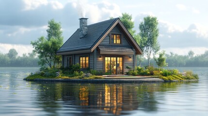 Obraz premium Cozy wooden house on a serene island surrounded by water.
