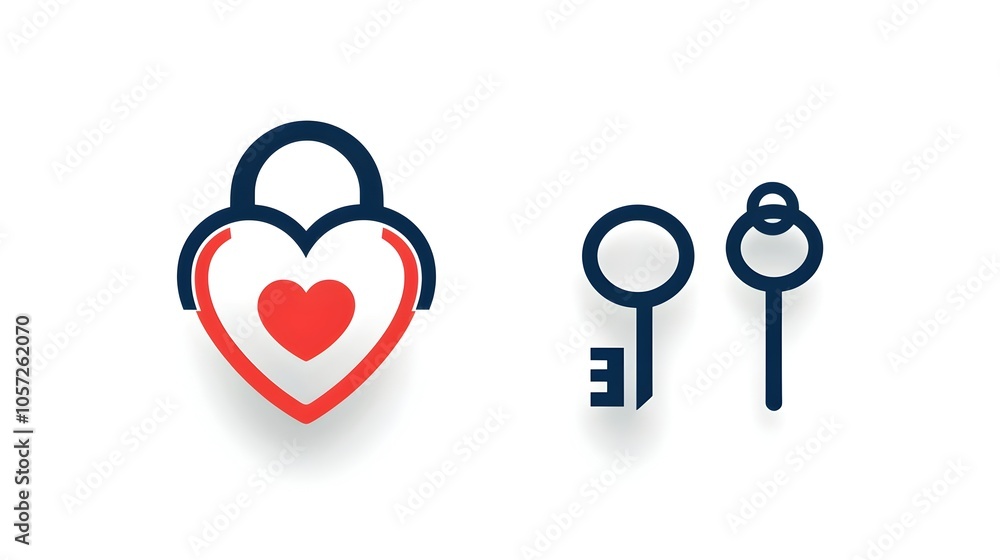 Fototapete Minimalist two color icon design featuring a heart shaped lock and key symbol representing the concepts of trust love and commitment in a modern elegant graphical style