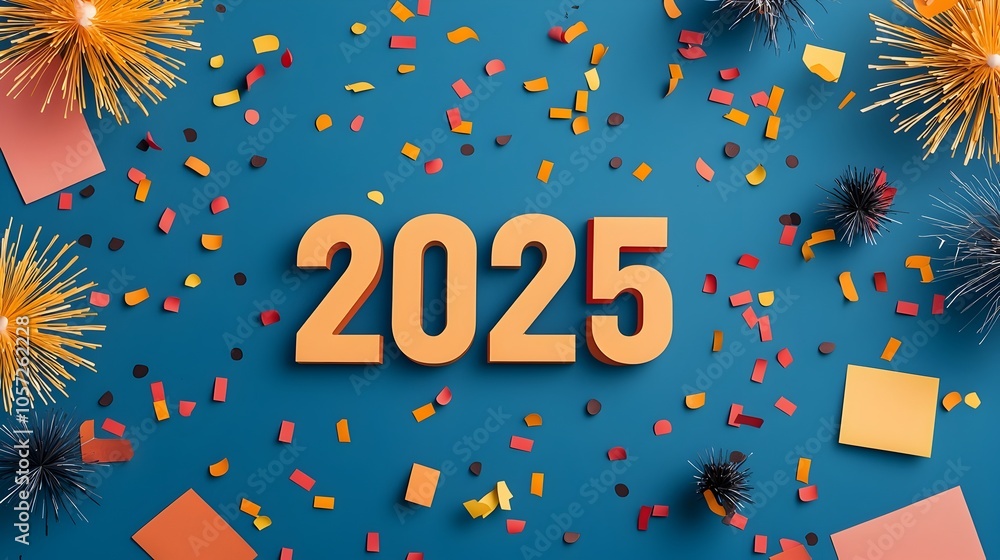 Aufkleber futuristic new year 2025 with minimal fireworks and confetti line art sleek contemporary design with