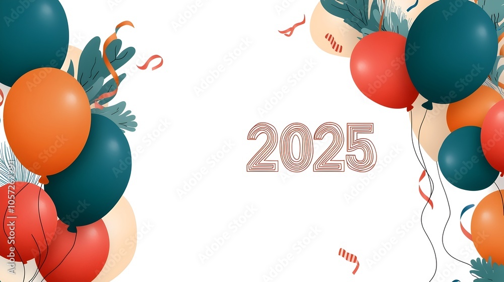 Leinwandbilder Elegant and modern creative New Year 2025 background design featuring a curvy stylized 2025 text in a clean font accented with subtle line art of balloons streamers and other festive elements