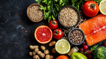 Balanced diet pyramid showing whole grains, fruits, vegetables, and proteins