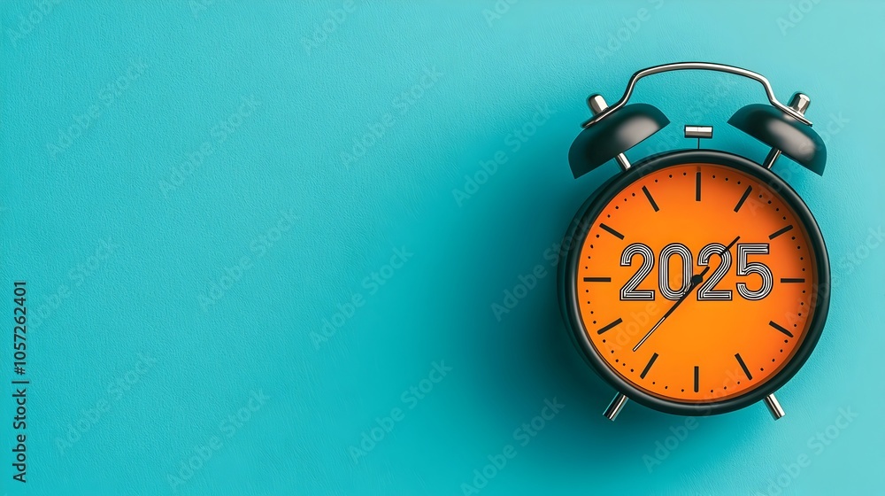 Poster Stylish and modern minimalist design featuring an interpretation of the year 2025 integrated with a clean line art of a clock striking midnight
