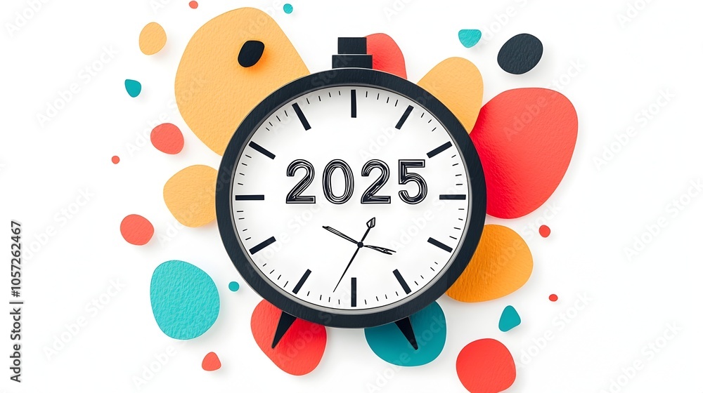 Poster minimalist and stylish 2025 graphic design with clean line art of a clock striking midnight creating