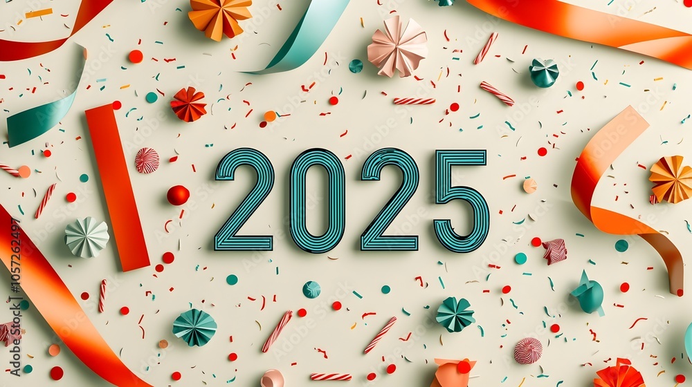 Aufkleber sleek new year 2025 scene with minimal line art like ribbons and confetti surrounded by a sleek seri