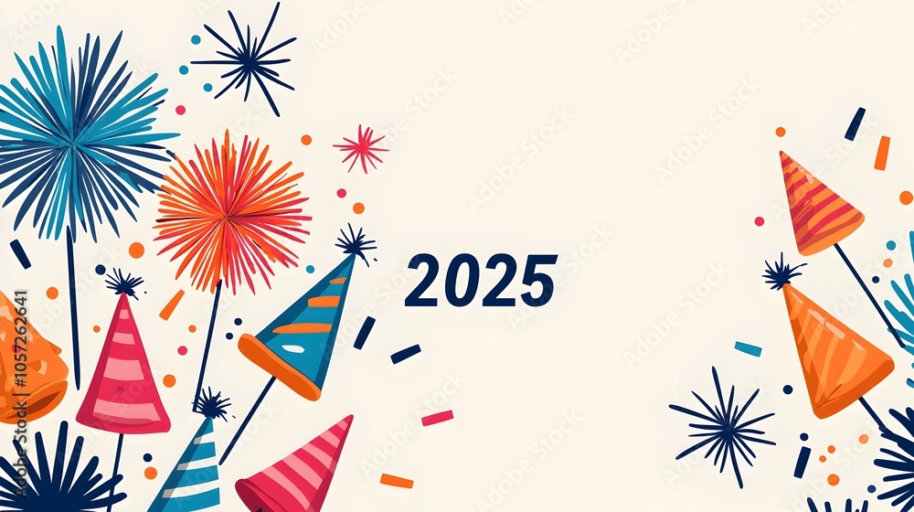 Aufkleber stylized and minimalist of the year 2025 in edgy modern font with line art fireworks and party hats 