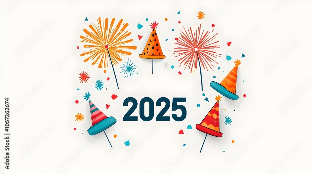 Aufkleber Stylish and modern 2025 typographic design with simple line art of fireworks and party hats offering ample blank space for adding promotional content event information or other creative elements