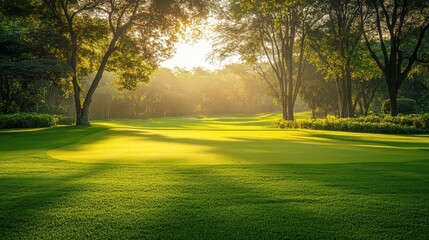 A perfectly maintained golf course with lush green fairways, under the golden glow of early