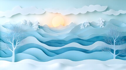 Snowy January landscape, papercut layers, soft watercolor sky