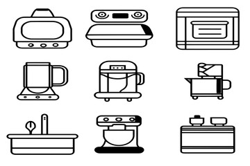 Line Art Illustrations of Kitchen Appliances and Tools for Culinary Design and Cooking Projects.